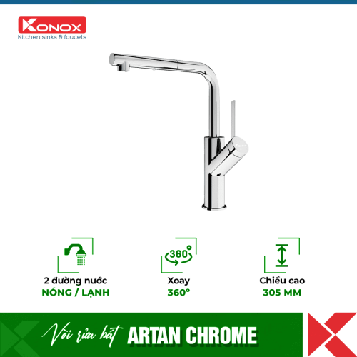 Vòi rửa bát Konox rút dây Artan Chrome