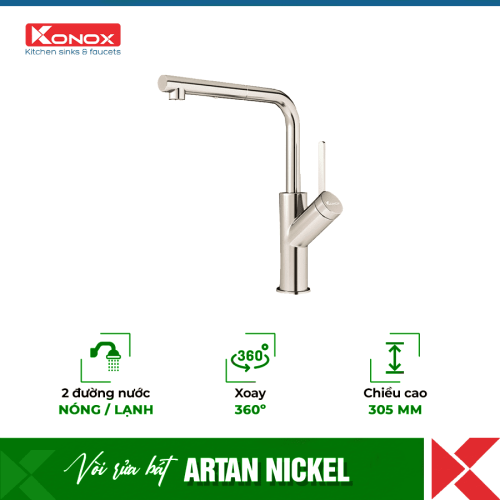 Vòi rửa bát Konox rút dây Artan Nickel