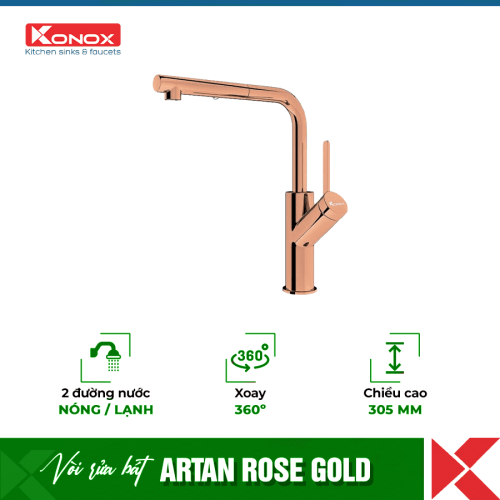 Vòi rửa bát Konox rút dây Artan Rose Gold