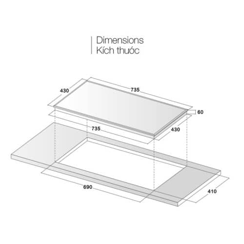 Kích thước bếp từ 2 vùng nấu Eurosun EU-T256Max