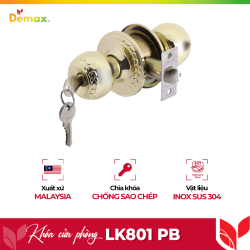Khóa cửa phòng tay nắm tròn Demax LK801 PB
