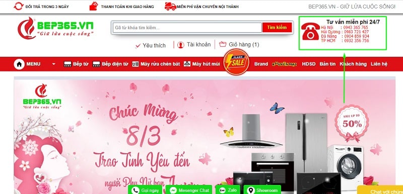 Hình thức mua hàng tại Bếp 365 3 Liên hệ trực tiếp số Hotline đặt tại đầu trang website