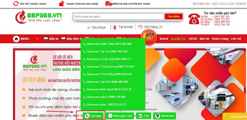Hình thức mua hàng tại Bếp 365 4 Liên hệ trực tiếp số Hotline từng cửa hàng tích hợp tại thanh dưới website