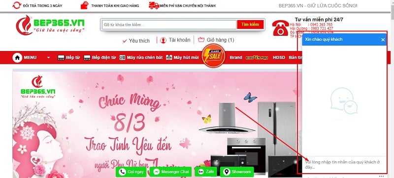Hình thức mua hàng tại Bếp 365 6 Website tích hợp chức năng chatBox trực tiếp với nhân viên tư vấn