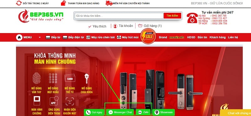 Hình thức mua hàng tại Bếp 365 7 Website tích hợp chức năng chat, nhắn tin facebook