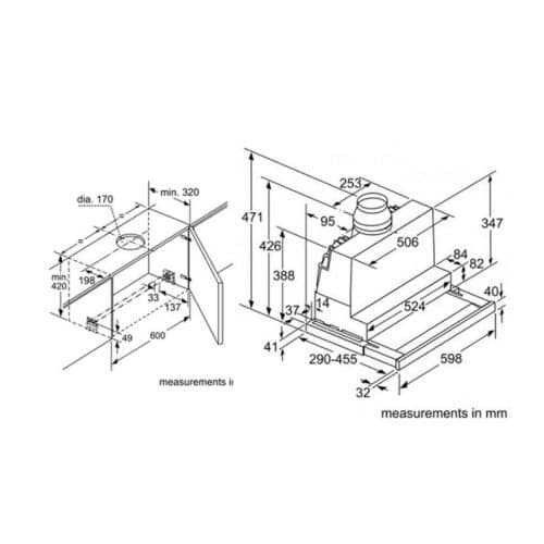 Kích thước máy hút mùi âm tủ Bosch DFS067J50B