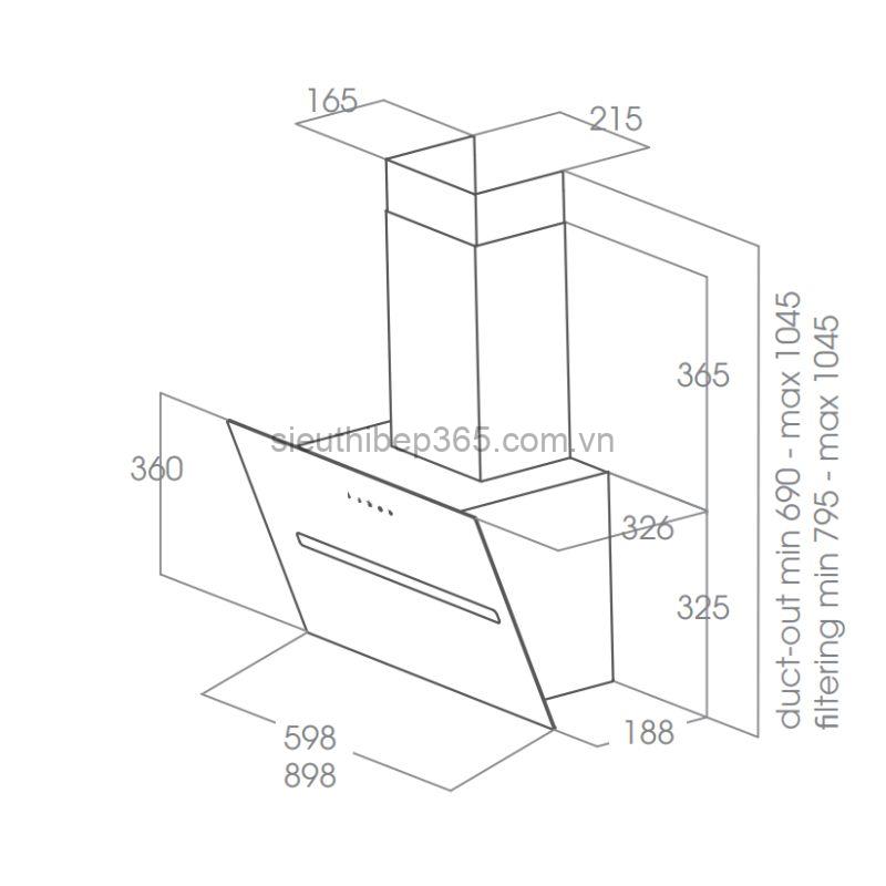 Kích thước máy hút mùi áp tường Elica PRF0166933 Kích thước máy hút mùi áp tường Elica PRF0166933